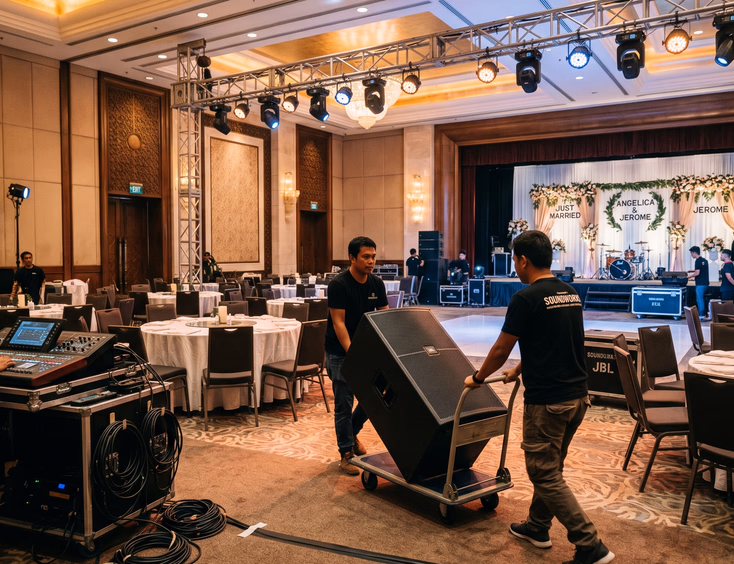 Filipino wedding reception setup in progress with technicians rolling speakers and LED par lights on truss inside hotel ballroom