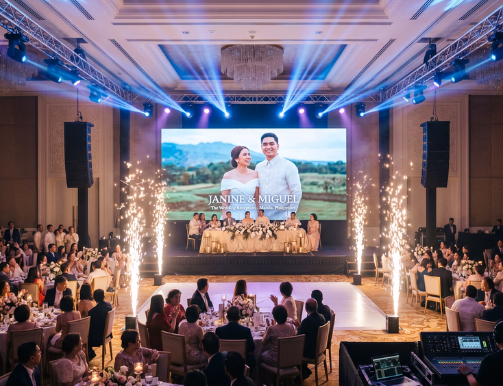 Grand Filipino wedding reception with LED wall prenuptial photo display, moving head lights, cold spark fountains, and sound engineer at mixing console