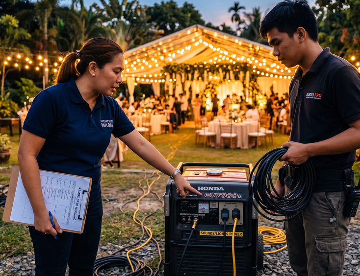 Filipino wedding coordinator and technician beside portable generator outside garden wedding venue at golden hour dusk