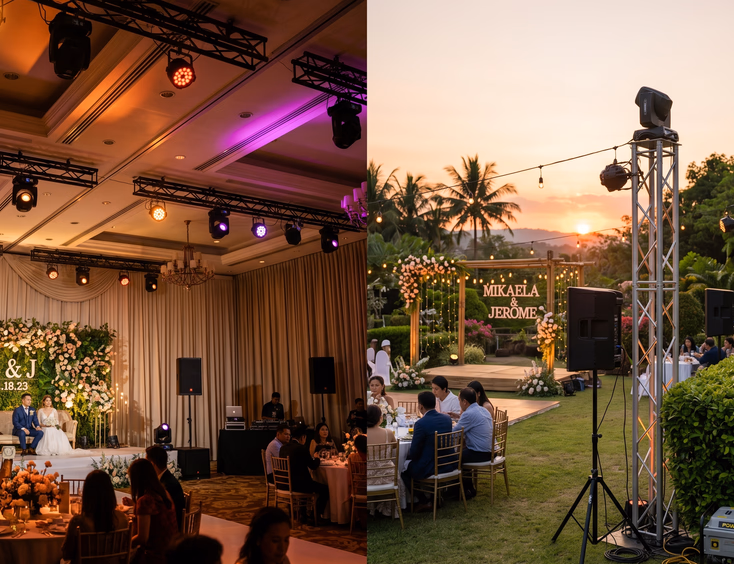 Split image comparing indoor hotel ballroom wedding reception with ceiling LED par lights versus outdoor garden reception with truss towers, beam lights, and portable generator