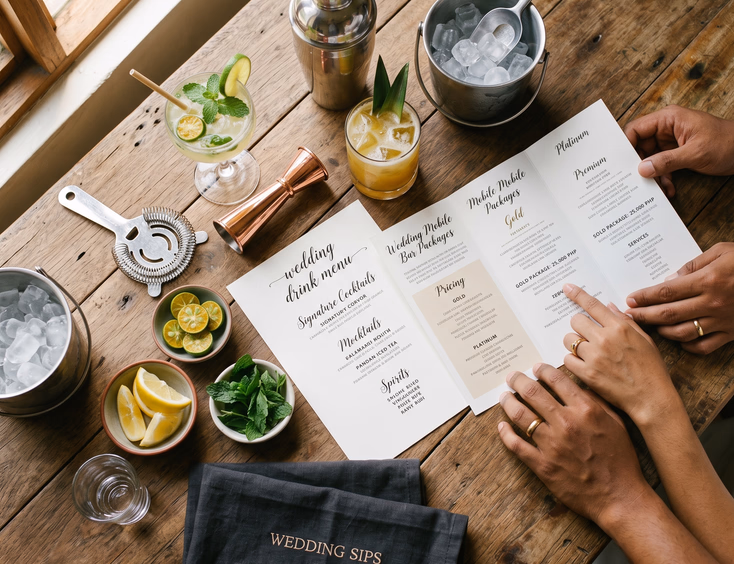 Top-down flat lay of a wedding mobile bar package spread on a wooden table with a drink menu, cocktail shaker, garnished glasses, and pricing brochure reviewed by a Filipino couple