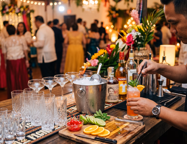 Close-up of a wedding mobile bar counter with neatly arranged cocktail glasses, garnishes on a cutting board, and a Filipino bartender placing a garnish on a freshly made cocktail