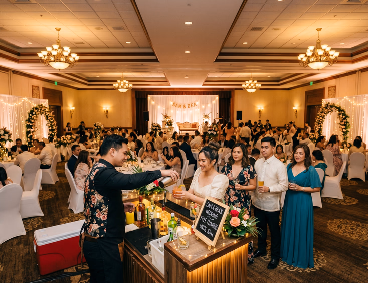 Busy mobile bar station at a Filipino wedding reception with a bartender serving cocktails to guests in line beside a chalkboard sign reading free flowing until 10 PM