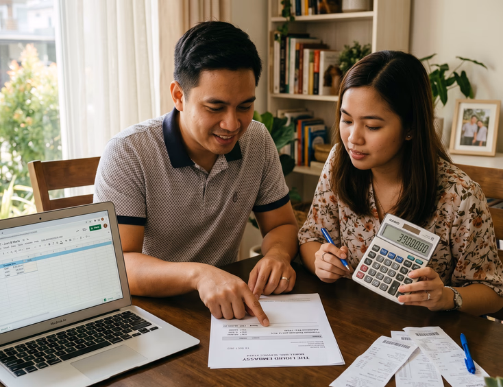 Filipino couple reviewing a mobile bar invoice at a dining table with a calculator, laptop showing a wedding budget spreadsheet, and receipts in a modern home setting