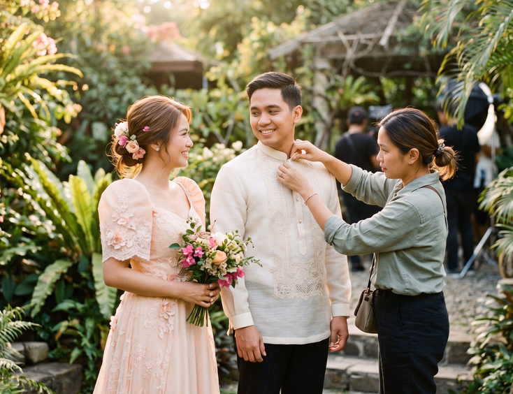 Wardrobe stylist adjusting a Filipino groom's barong during an outdoor garden prenup photoshoot.