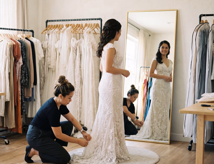 Wardrobe stylist pinning the hem of a bride's prenup gown inside a styling studio.