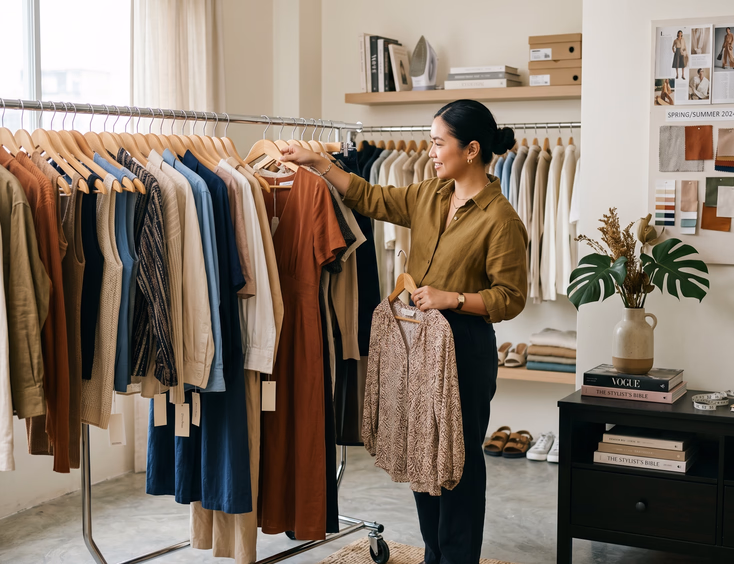 Filipina wardrobe stylist organizing outfits on a clothing rack inside a styling studio.