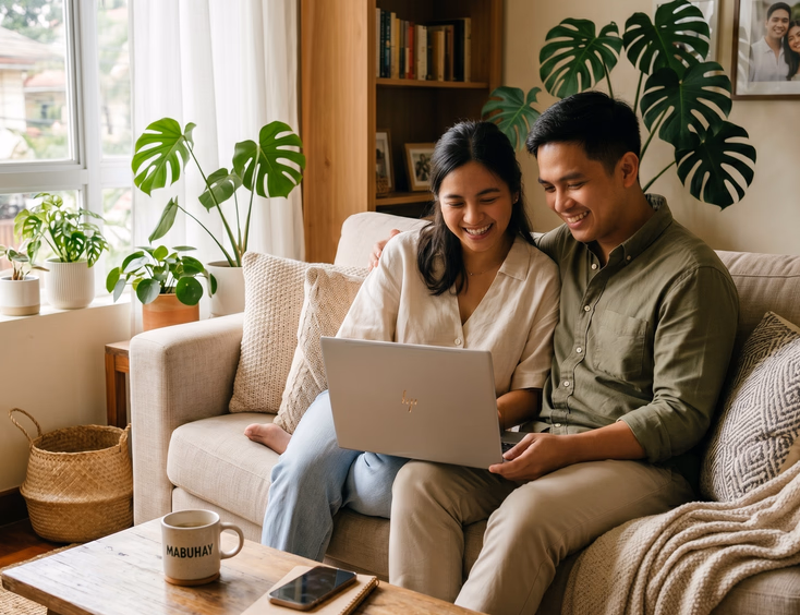 Filipino couple reviewing prenup outfit ideas on a laptop at home.