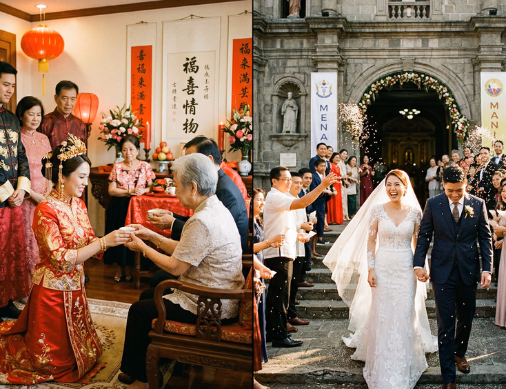 Filipino Chinese bride in red qipao at tea ceremony and white wedding gown outside Catholic church in split cinematic composition showing full Chinoy wedding day in the Philippines