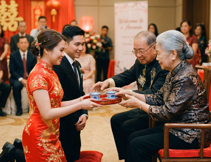 Candid close-up of Chinoy tea ceremony in Philippine hotel with Filipino Chinese bride in red qipao and groom kneeling before elderly couple as grandmother receives porcelain teacup