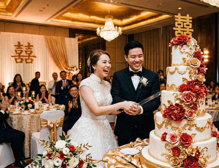 Filipino Chinese bride in white wedding gown and groom cutting multi-tiered red and gold double happiness wedding cake at Chinoy reception in Philippine hotel ballroom