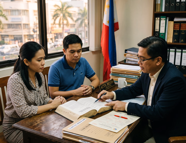Filipino lawyer explaining Article 35 of the Family Code on void marriages to a couple.