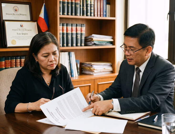 Filipino lawyer and client reviewing inheritance and succession rules in a law office.