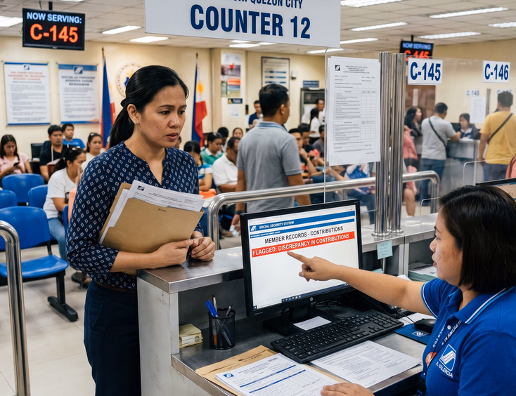 Concerned woman at an SSS office counter reviewing flagged records with a government clerk.
