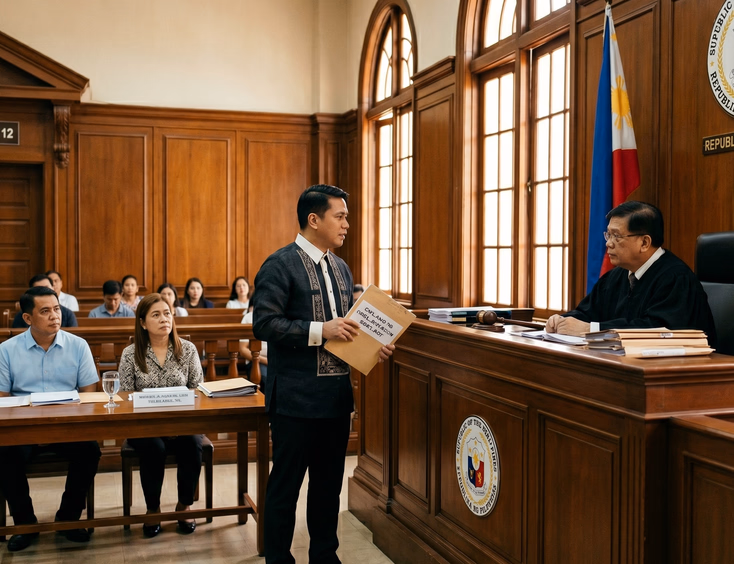 Filipino lawyer presenting a civil complaint to a judge in a Philippine courtroom setting.