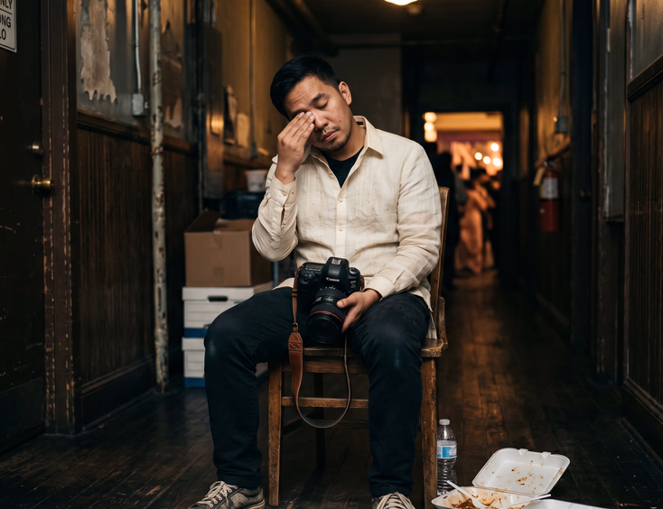 Exhausted Filipino wedding photographer rubbing his eyes while sitting in a dim hallway with a camera and empty meal container.