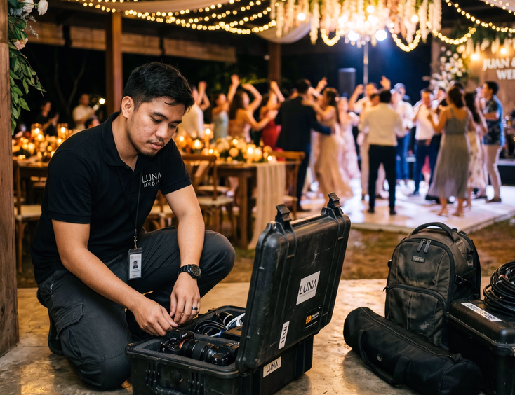 Tired Filipino videographer packing equipment into a case at the end of a wedding reception with blurred guests in the background.