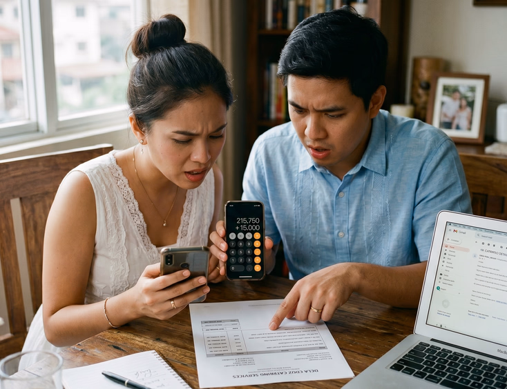 Surprised Filipino bride and groom reviewing a catering invoice and using a phone calculator at a home dining table.