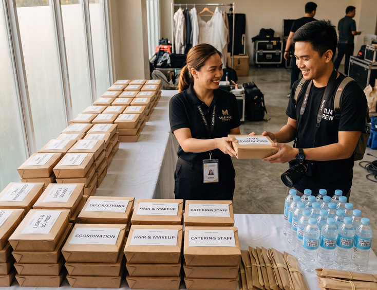 Professional wedding crew meal station with a Filipino coordinator handing a boxed lunch to a photographer at a venue.