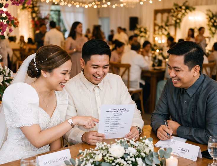 Filipino bride and groom smiling while reviewing printed reception program with their wedding host at a table in a warmly lit wedding venue