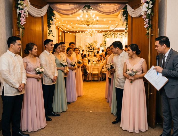 Filipino wedding entourage in barong tagalog and pastel gowns lined up behind double doors as Filipino wedding host coordinates grand entrance with microphone and clipboard