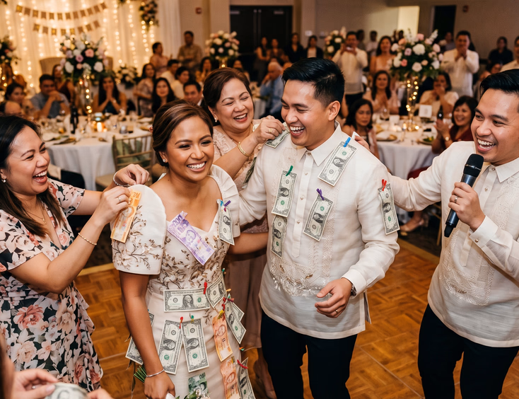 Filipino couple laughing during money dance as guests pin bills onto bride's gown and groom's barong tagalog while wedding host guides crowd at festive string-lit reception