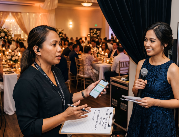 Filipino wedding coordinator gesturing at clipboard while speaking with wedding host backstage as seated guests are partially visible through venue curtain