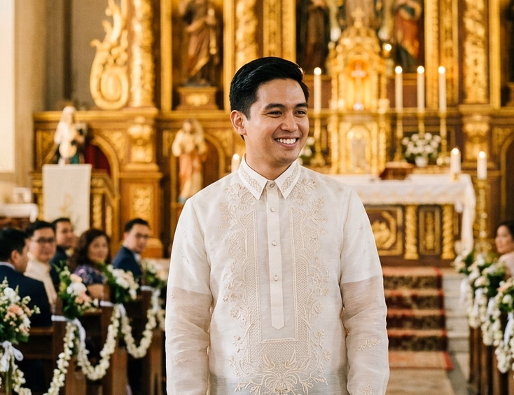Filipino groom in a hand-embroidered piña barong tagalog smiling at his bride at the altar of a baroque Catholic church with a gold-leafed retablo and sampaguita garland-lined pews