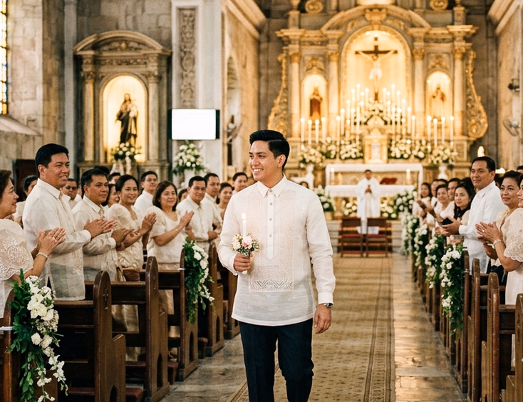 Filipino groom in an ivory jusi barong walking down the aisle of a centuries-old Catholic church in Manila with candle-lit altar and Filipino wedding guests in the pews