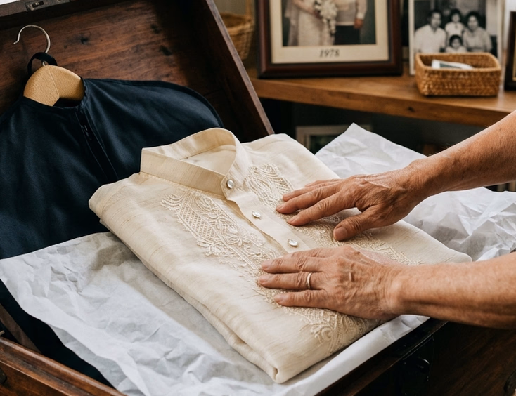 Piña barong tagalog folded and laid in tissue paper inside a wooden heritage chest with a Filipino man's hands smoothing the embroidered chest panel