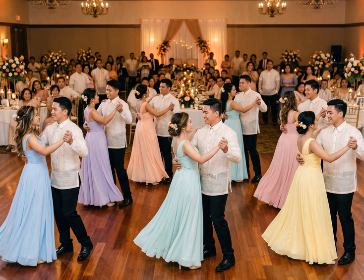 Nine pairs of Filipino men in barong tagalog and women in pastel gowns performing a waltz formation on a wedding reception dance floor under warm chandelier lighting with floral centerpieces in the background