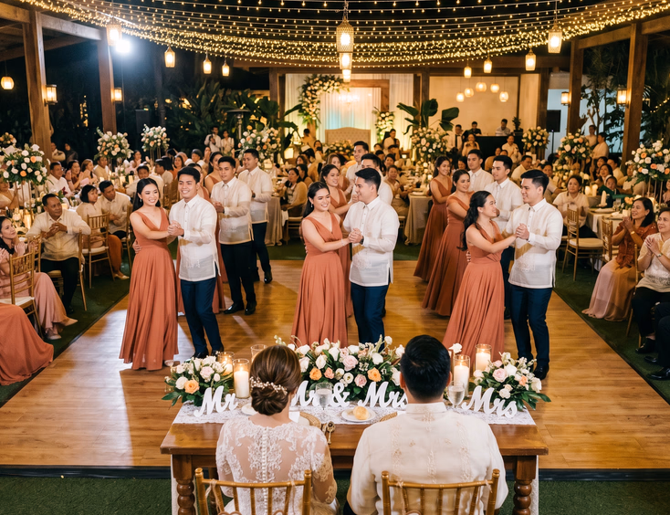 View from behind the sweetheart table showing the Filipino wedding entourage performing a choreographed waltz in two lines on the dance floor, with guests at round tables watching under warm golden string lights