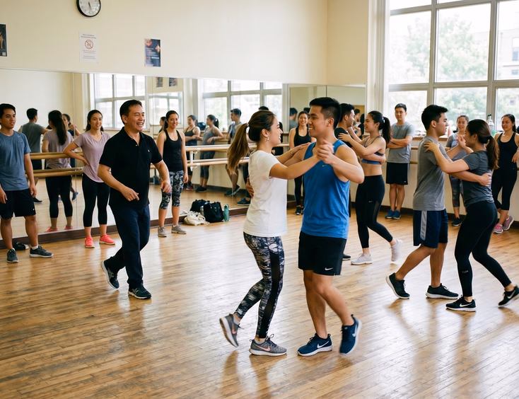 Filipino cotillion entourage in casual workout clothes rehearsing a waltz formation in a bright dance studio with a Filipino instructor demonstrating steps, wall mirrors, and natural daylight through large windows