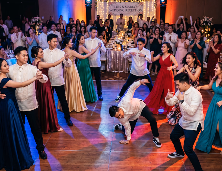 Filipino wedding entourage mid-transition from a formal waltz to a hip-hop routine, half in classic dance poses and half in street dance stances, with colorful uplighting and cheering guests in the background