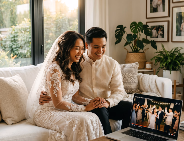 Filipino bride and groom in elegant wedding attire watching their wedding highlight reel together on a laptop in a cozy modern home interior under warm golden hour light.