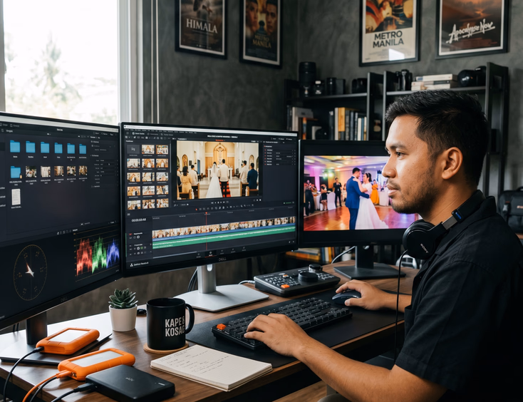 Filipino wedding videographer editing wedding footage on three monitors at a sleek modern studio desk with headphones, a coffee mug, and external hard drives under soft window light.