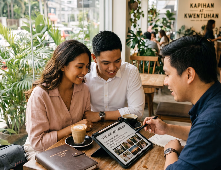 Filipino couple and their videographer reviewing a wedding video moodboard on a tablet at a bright Manila cafe table with coffee cups and a leather planner in warm natural daylight.