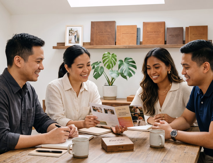 Filipino videographer couple presenting a wedding videography package brochure and sample USB drive to an engaged Filipino couple at a minimalist studio meeting table under soft skylight.