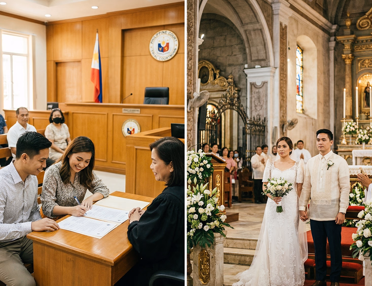 Split scene comparison of Filipino civil court wedding and traditional Catholic church wedding ceremony in the Philippines