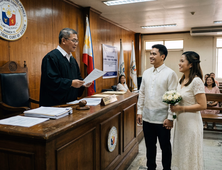 Filipino judge officiating a civil wedding ceremony for a couple in a Regional Trial Court courtroom in the Philippines