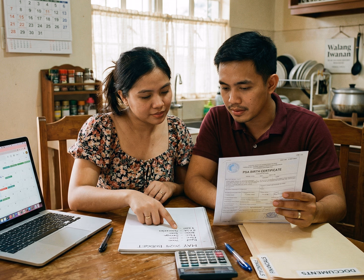 Filipino couple reviewing civil wedding documents and budget plan at home in the Philippines