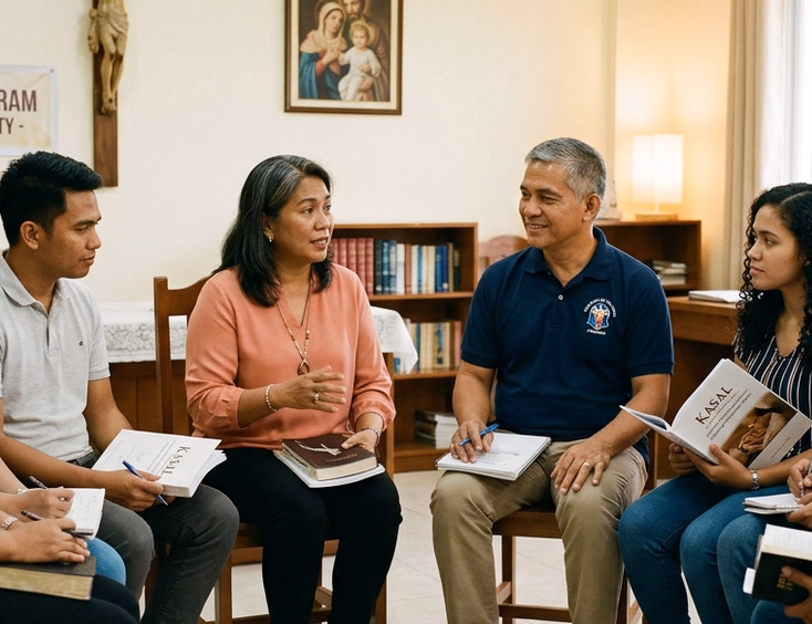 Filipino engaged couples and a married mentor couple in a circle discussion during a Marriage Preparation Program session at a Philippine parish meeting room.