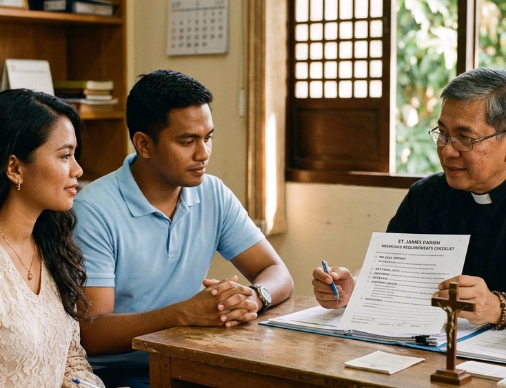 Filipino engaged couple consulting a parish priest about Marriage Preparation Program and Pre-Cana requirements inside a Philippine parish office.
