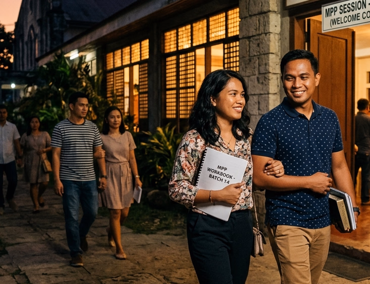 Filipino engaged couple arriving at a parish hall for an evening Marriage Preparation Program session with workbooks and Bibles in hand.
