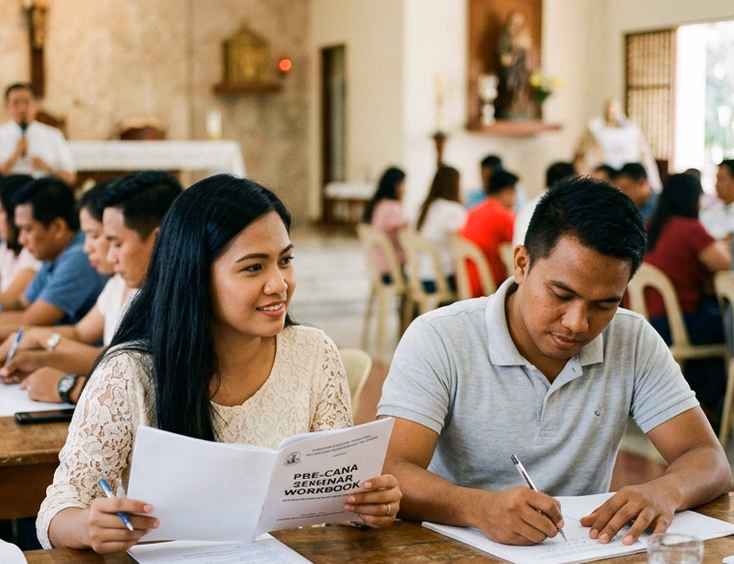 Filipino engaged couple attending a Pre-Cana seminar at a Philippine parish hall with other couples and a wooden crucifix in the background.