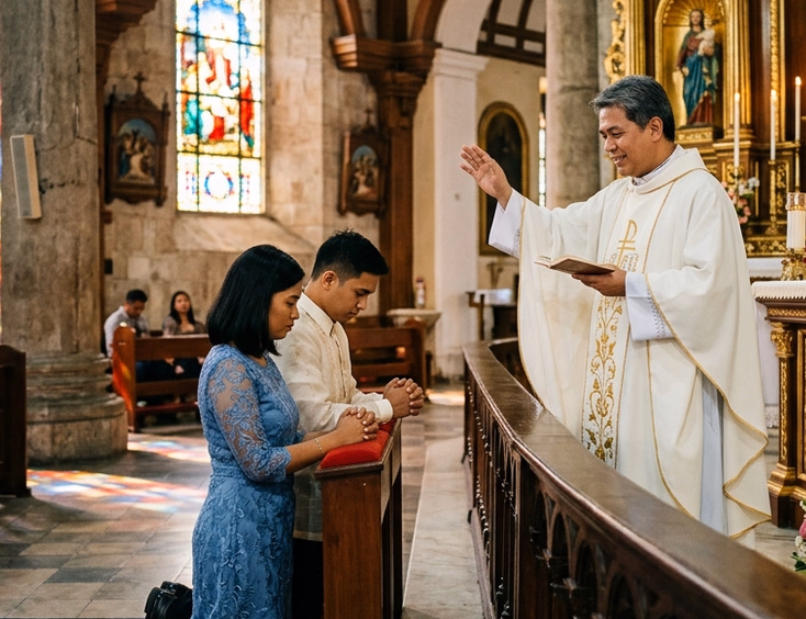 Filipino parish priest guiding an engaged couple kneeling at the altar inside a traditional Philippine Catholic church with stained glass windows.