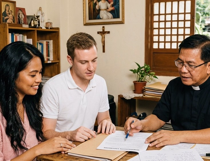 Filipina bride-to-be and her foreign fiancé reviewing dispensation paperwork with a Filipino parish priest inside a sunlit parish office.