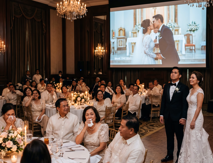 Filipino bride and groom watching their Same Day Edit play on a projector screen at a Manila wedding reception ballroom while emotional guests smile and tear up under warm chandelier lighting.