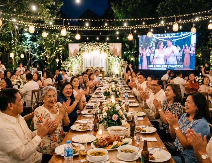Filipino wedding guests of all ages cheering and applauding while watching a wedding video on an LED screen at a festive Tagaytay garden reception with string lights and Filipino food on the tables.