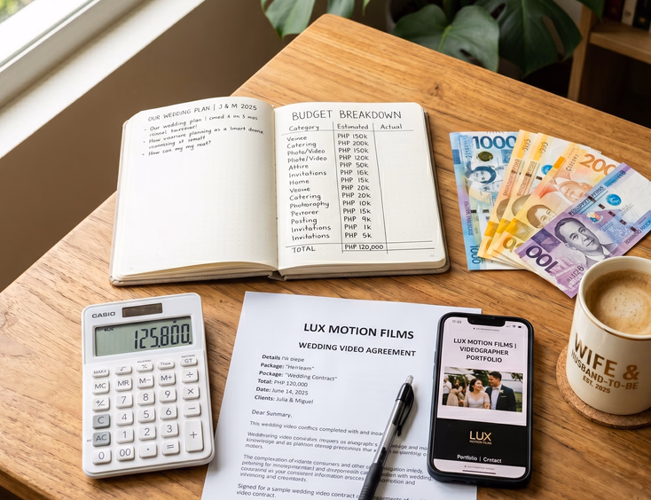 Flat-lay of Filipino wedding budget planning materials on a wooden table including a notebook with budget breakdown, Philippine peso bills, a calculator, a contract, and a smartphone showing a videographer portfolio.